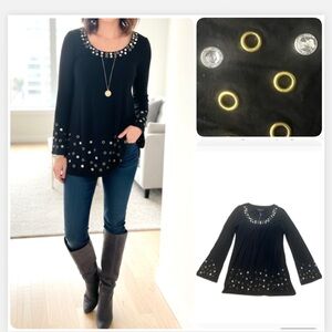 INC Trendy Black Long Sleeve Tunic Top Rhinestone and metal Trim